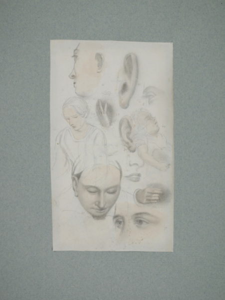 James Smetham – Various Studies of Sarah and a Sleeping Child (Recto) – Standing Man with Studies of Faces and a Hand (Verso)