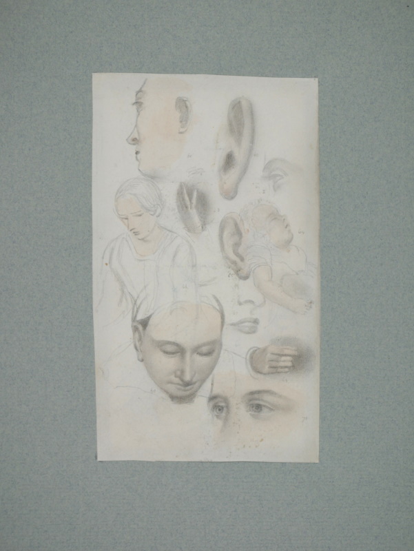 James Smetham – Various Studies of Sarah and a Sleeping Child (Recto) – Standing Man with Studies of Faces and a Hand (Verso)