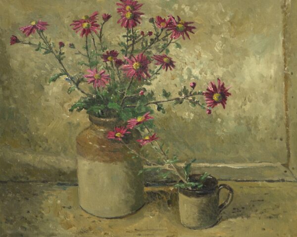 Carolyn Sergeant – Stone Jar, Mug and Crimson Daisies