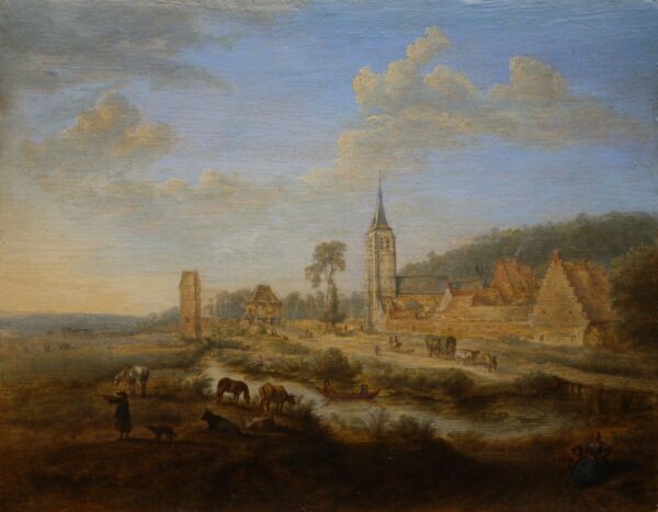 Gillis Neyts – A river landscape with a huntsman, kettle, travellers and a town beyond