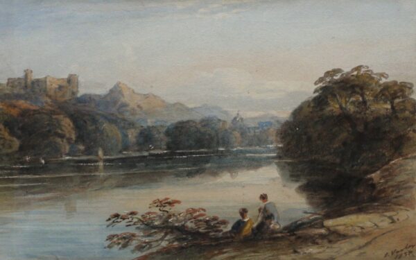 John Varley – Landscape with Figures and Castle by a Lake