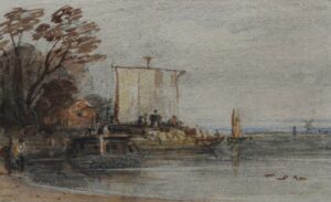 John Varley – A Barge shored on a River