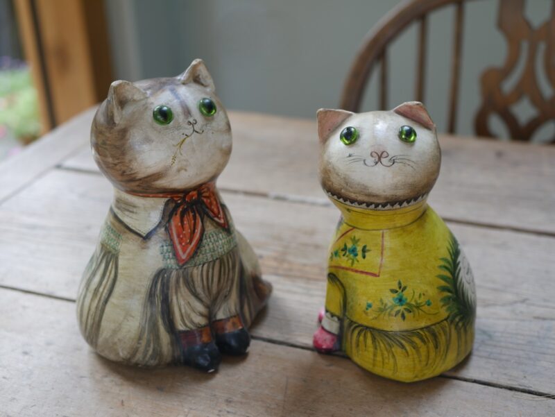 Joan and David de Bethel – Two Papier Mache Cats with Glass Eyes (dated 1962 & 1963)