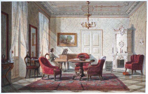 British School (Circa 1850) – Design for a Room with a Young Lady Playing a Piano