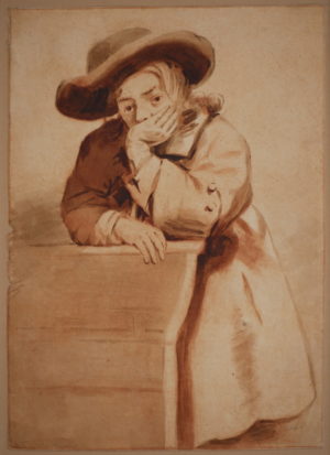 Cornelis Ploos van Amstel – A Young Man Leaning on a Chair, Wearing a Broad-rimmed Hat