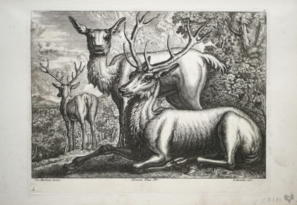 Francis Barlow – A Doe and two Stags on a Hillside