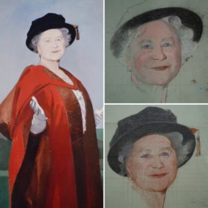 John Sergeant – Queen Elizabeth The Queen Mother – Two coloured Chalk Studies and a Photo 1983