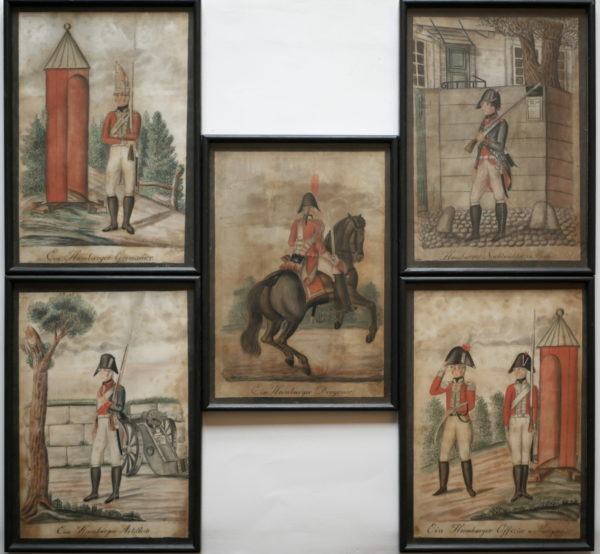 German School, Hamburg c.18th – Five Decorative Military Watercolours