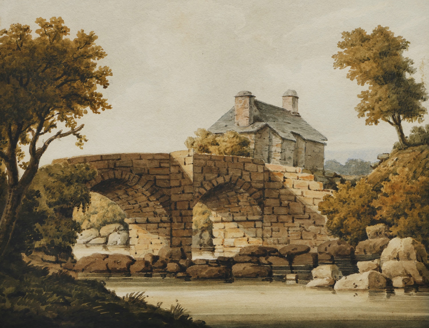 British School (early 19th century) – Cottage Beside a Double Arch Bridge
