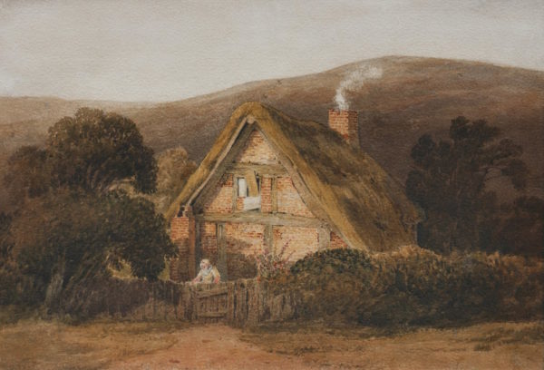 David Cox – An Old Thatched Cottage with a Figure at the Garden Gate