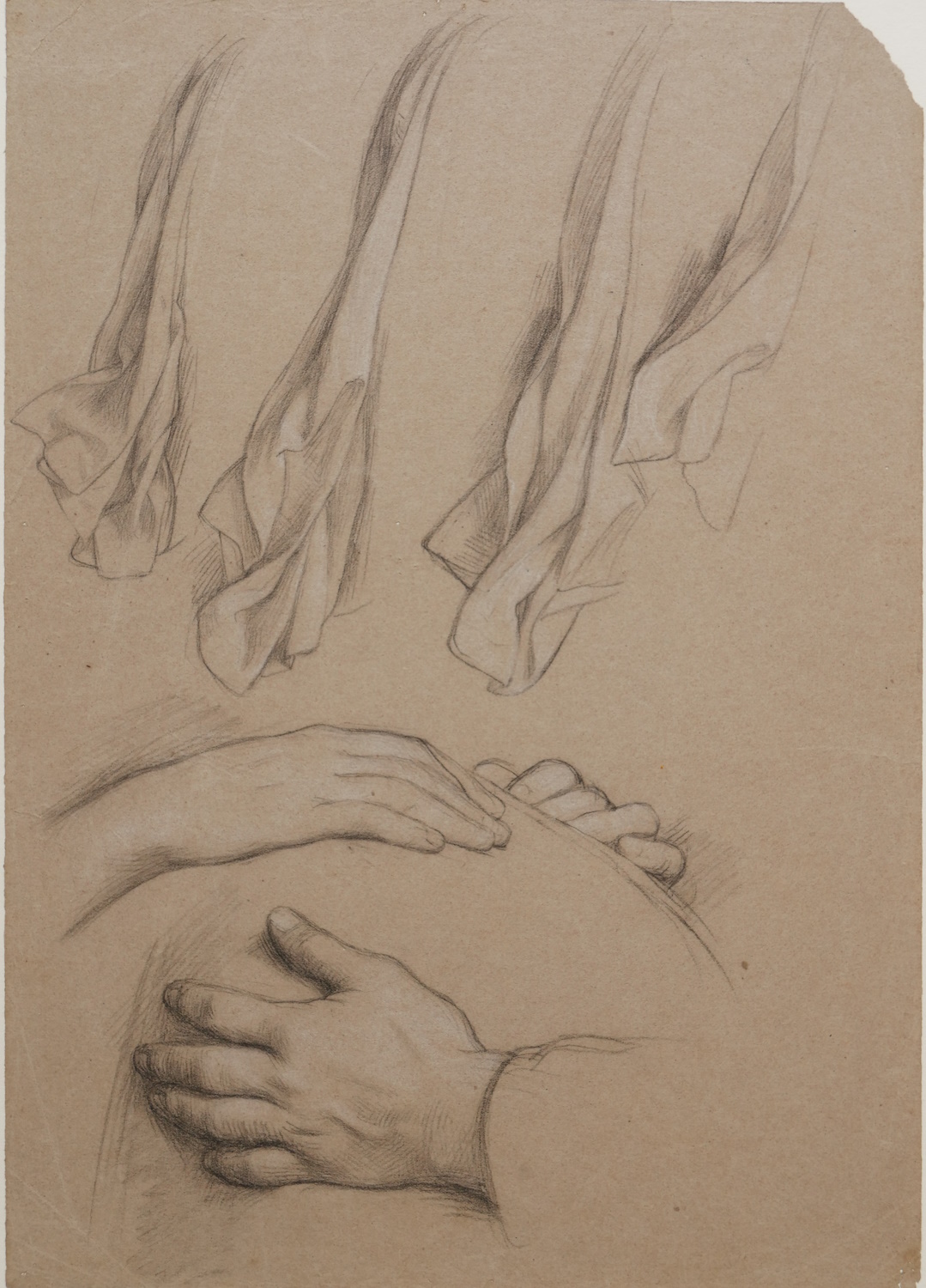 European School c.1860 – Studies of Hands Resting on a Pregnant Belly and Drapery
