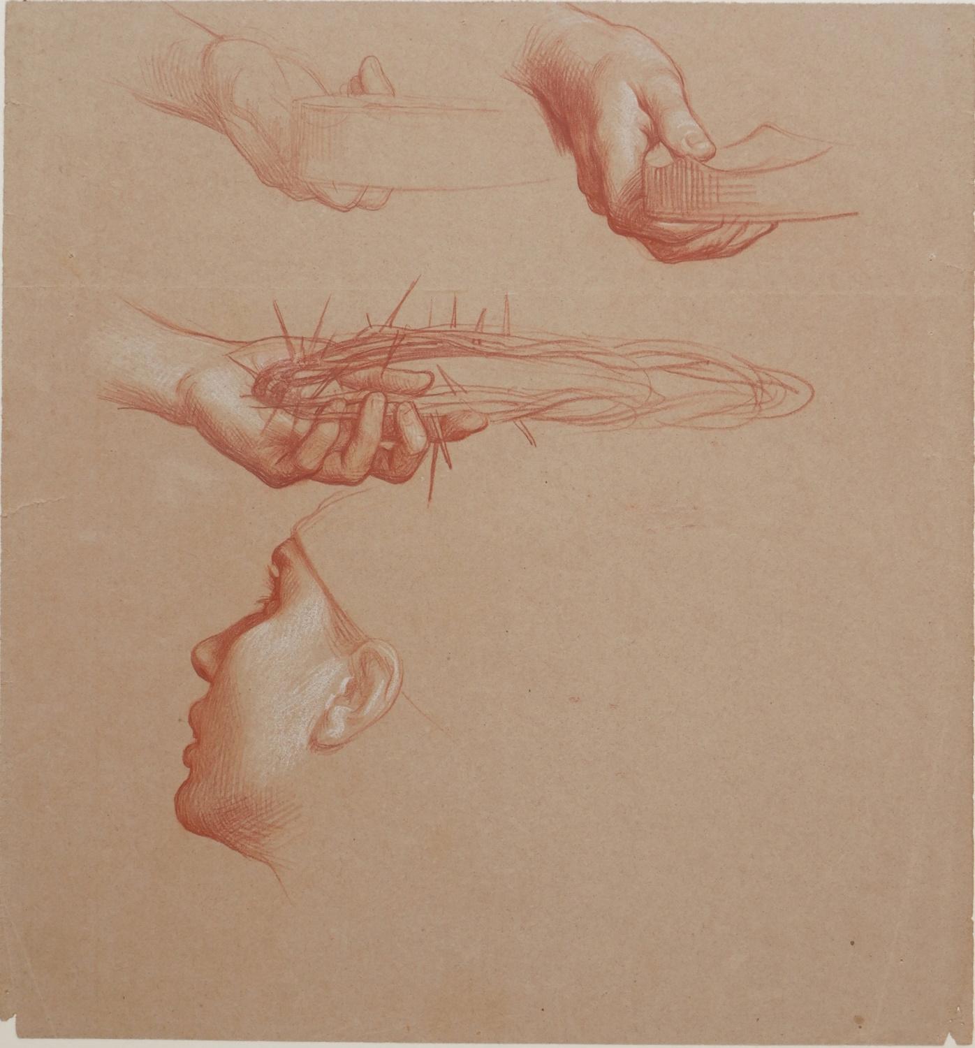 European School c.1860 – Studies of a Head and Hands Holding a Crown of Thorns