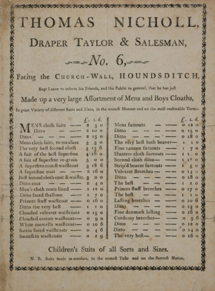 English School (c.1800) Print / Trade Card – Thomas Nicholl, Draper Taylor & Salesman, No.6 Houndsditch.