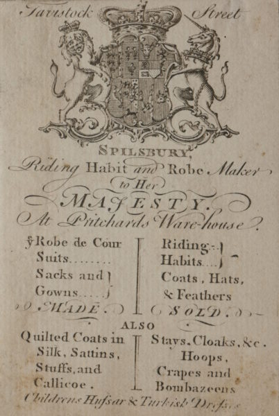 English School, (c.1763) Print / Trade Card – James Spilsbury, Riding Habit and Robe Maker, Tavistock Street, London.