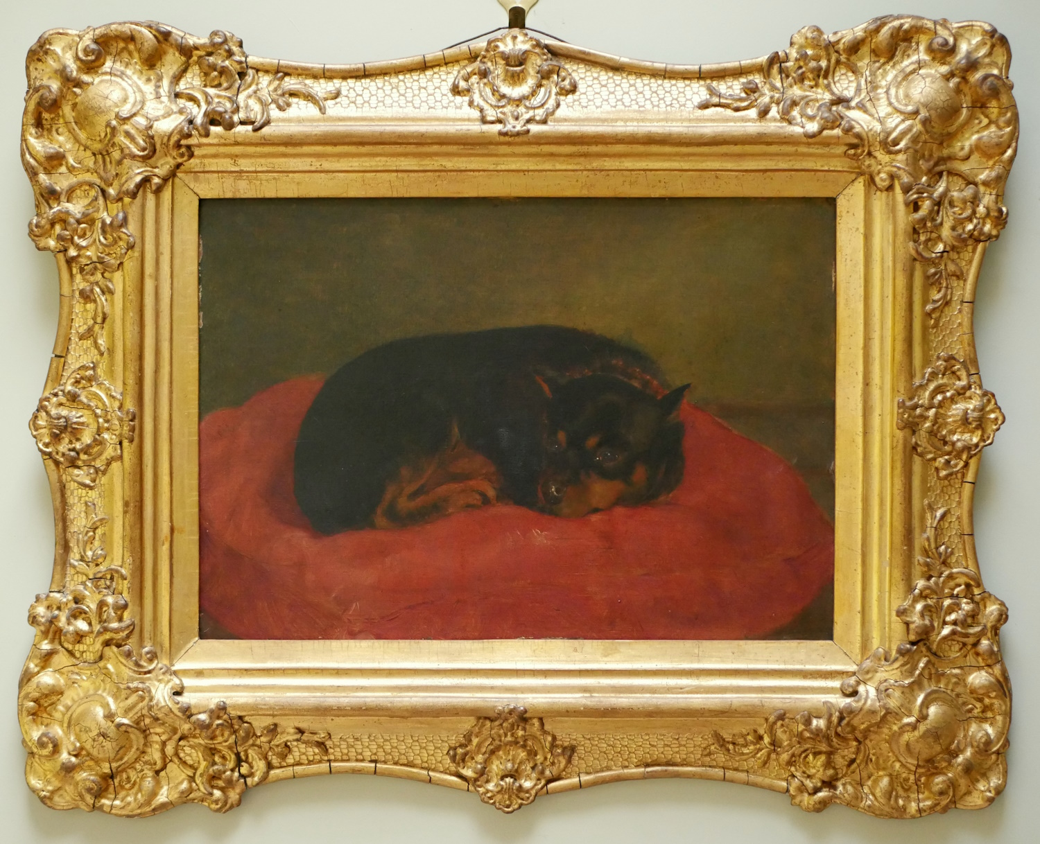 Circle of Sir Edwin Landseer (19th century) – Study of a Dog Lying on a Red Cushion