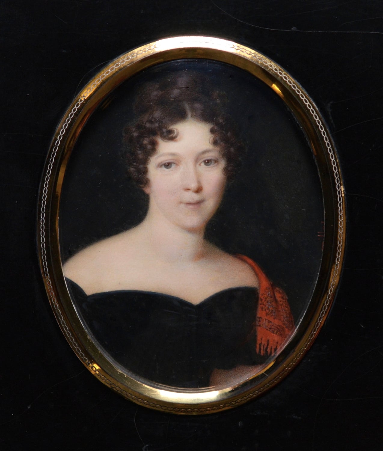 Frédéric Millet – Miniature portrait of an Attractive Young Woman Wearing a Black Dress with a Red Scarf Draped over Her Left Shoulder