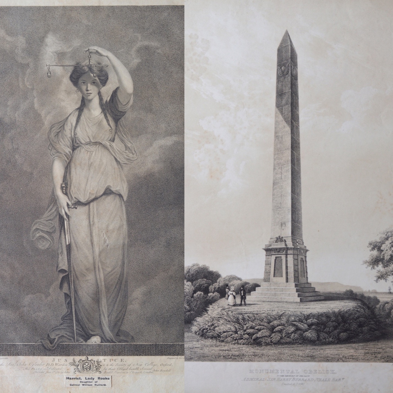 Burrard Family Related Prints – “Justice” after J. Reynolds and  “Obelisk to The Memory of The Late Admiral Sir Harry Burrard Neale”
