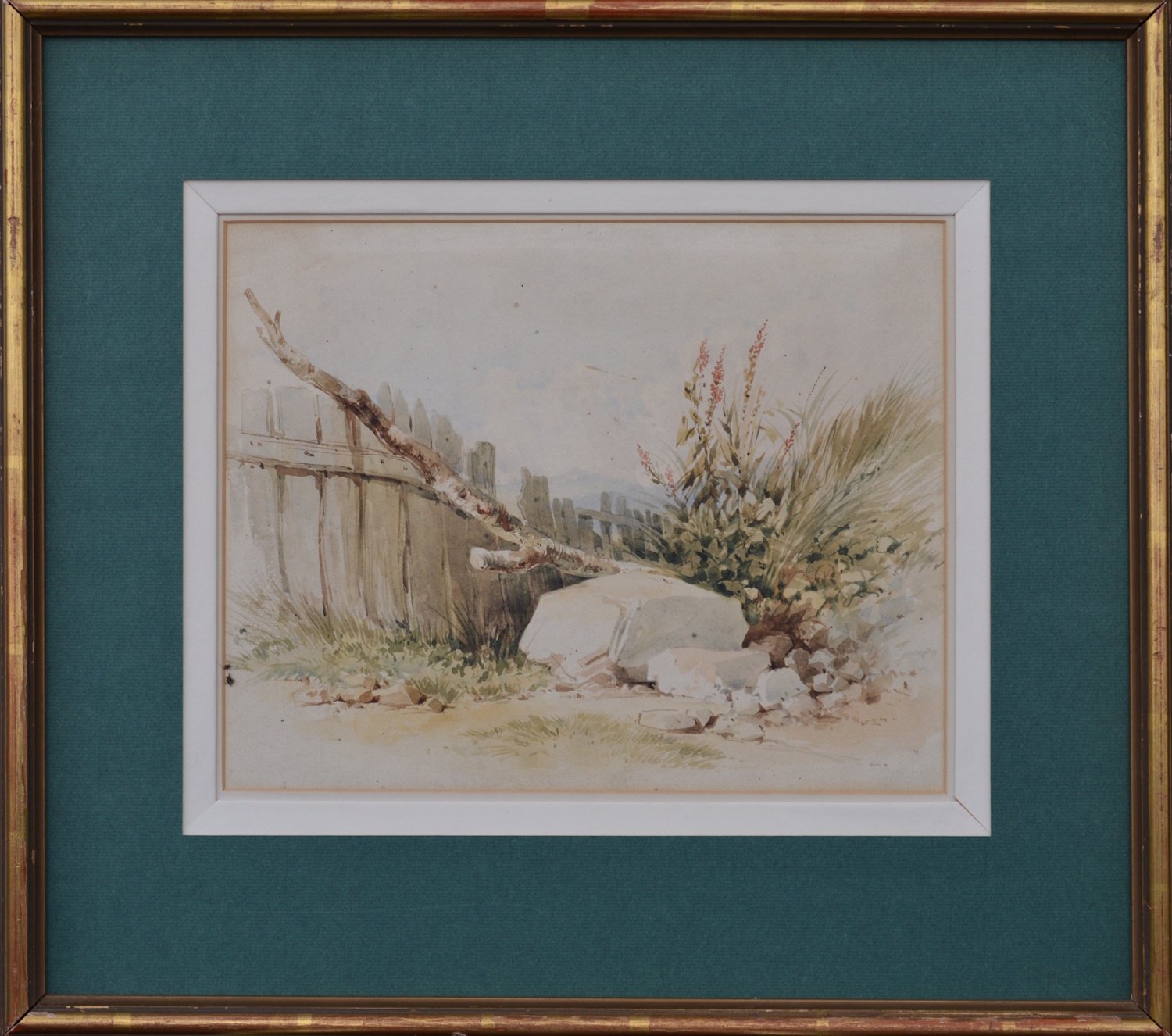 John Middleton, Attributed – Study of a Stone Boulder with Foliage and a Fence
