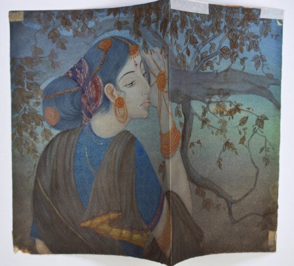 School of Bengal, India, (c1900-1920s) – Portrait of a Pensive Young Woman Standing Beside the Branch of a Tree