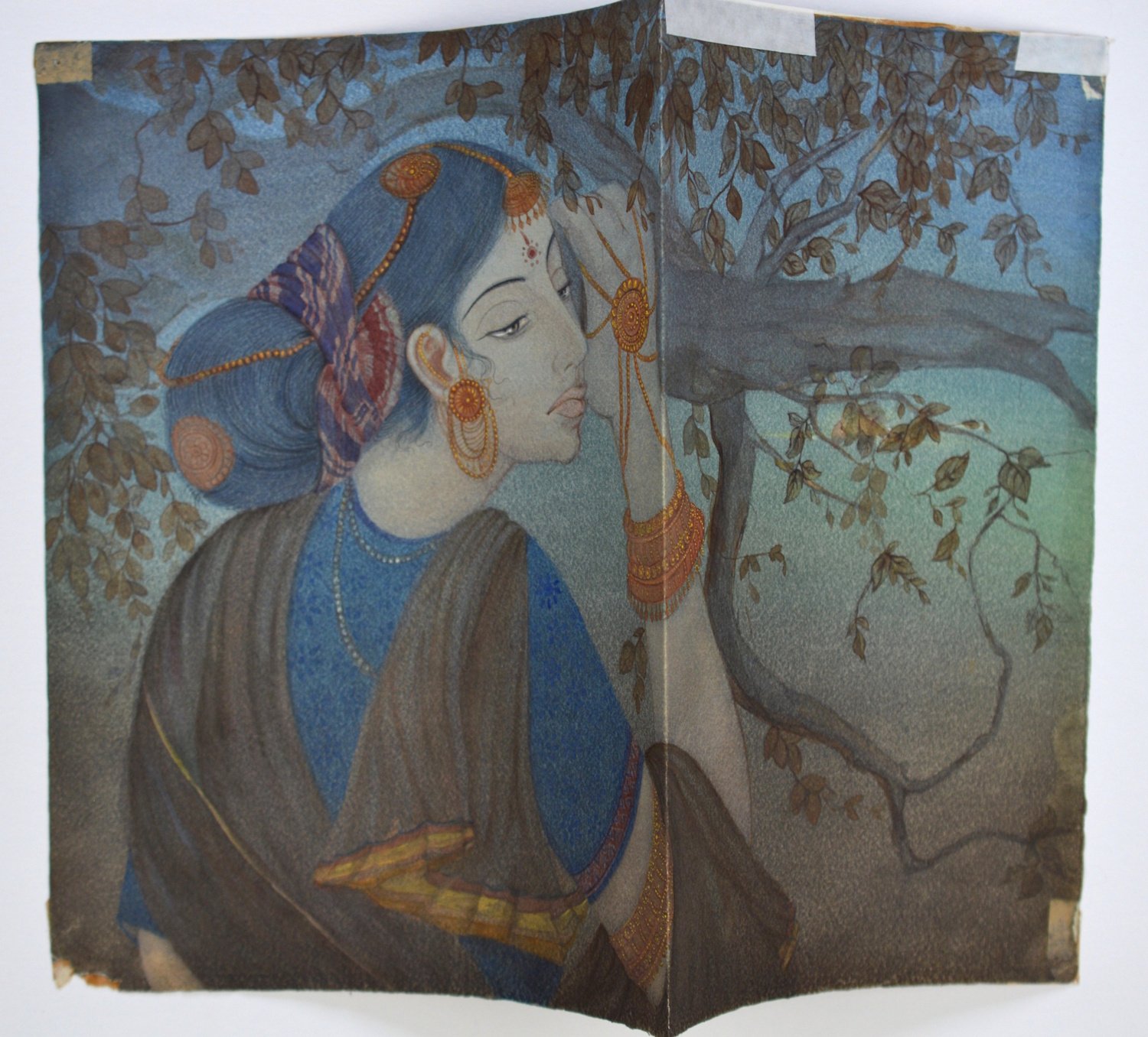 School of Bengal, India, (c1900-1920s) – Portrait of a Pensive Young Woman Standing Beside the Branch of a Tree